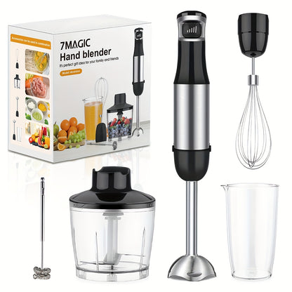 Liquidificador de Imersão Portátil 6 em 1 - Liquidificador em Aço Inoxidável com 5 Velocidades, Processador, Batedor e Espumador de Leite para Carnes, Puré de Batata e Papinhas de Bebé