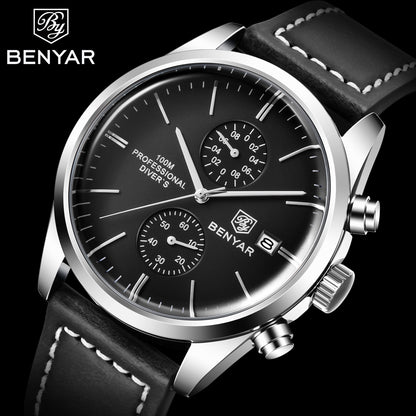 1pc New BENYAR Men's PU Leather Quartz Wristwatch, Men's 100M Multifunctional Watch Military Sports Chronograph Watch For Men