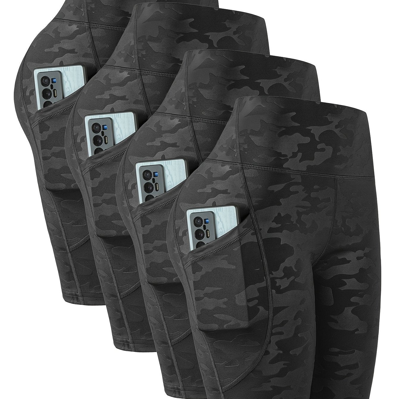 4pcs Women'S High-Waist Camouflage Print Leggings - Stretchy, Breathable Activewear with Pockets for Running, Fitness, Yoga - Spring/Summer/Fall Outdoor Pants, High Waisted Legging