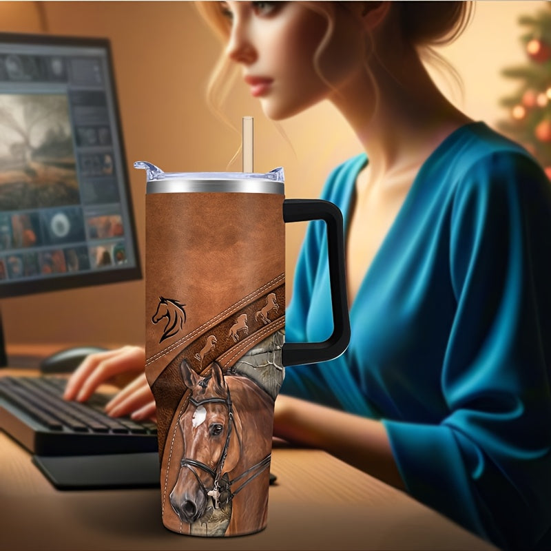 40oz Stainless Steel Horse Tumbler - Double-Wall Insulated Coffee Mug with Lid, Leak-Proof Travel Cup for Hiking & Outdoor Adventures, PVC-Free, Hand Wash Only - Ideal Gift for Equestrians and Animal Enthusiasts