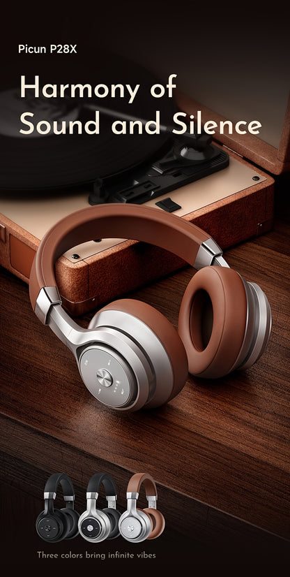 Picun Wireless Over-Ear Headphones, HiFi Stereo, Deep Bass, Foldable Design, 30-Hour Battery, Built-in Mic. Lightweight Brown Leatherette Finish, Perfect for Gaming, PC, and On-the-Go Use.