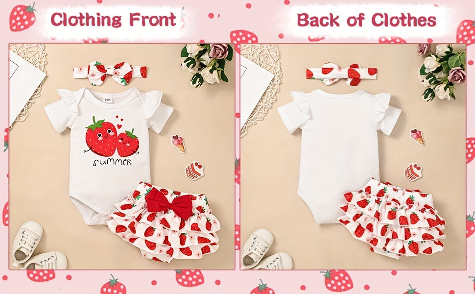 Conjunto de Roupa Infantil para Bebé Menina com Estampado de Abacate: Macacão, Calções e Fita para o Cabelo - 3 Peças - Ideal para o Verão e Atividades ao Ar Livre