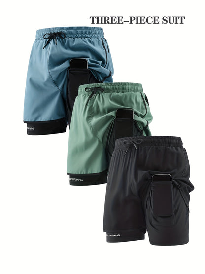 3pcs Men's Quick-Dry Lightweight Running Shorts, with Elastic Drawstring Waist and Side Pockets - Mo, Running Shorts for Men, Mens Mid Length Wide Leg Shorts, Men Workout Shorts, Gym Shorts Above Knee, Mens Shorts with Liner,