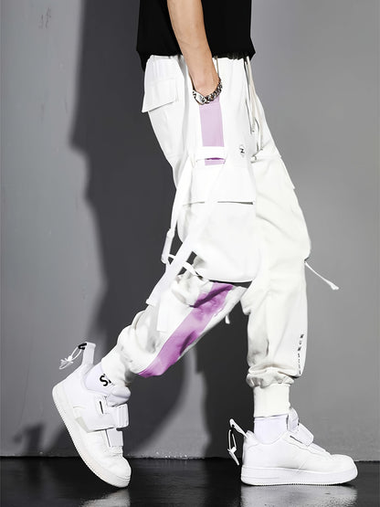 Multi-pocket Ribbon Design, Men's Color Block Cargo, Trendy Comfy Jogger Pants