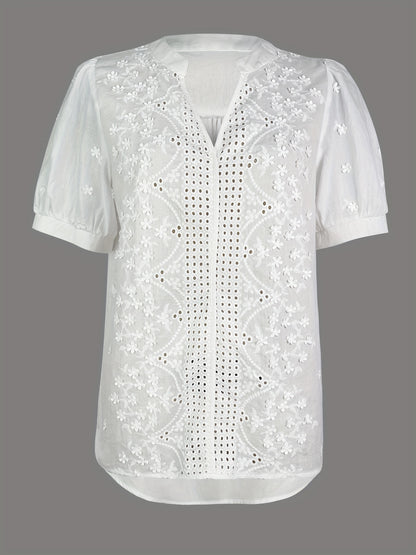 Elegant V-Neck Embroidered Floral Blouse - Sheer Viscose, Machine Washable, Perfect for Spring/Summer