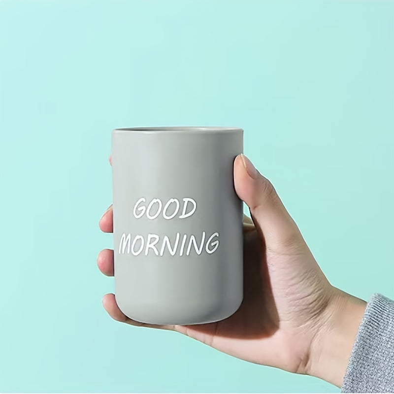 1pc Minimalist Plastic Toothbrush Cup, "Good Morning" Printed Family Bathroom Rinse Mug, Creative Oral Care Cups, Toothbrush Cup
