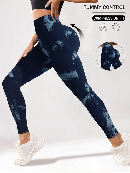 Women's High-Waisted Tummy Control Compression Leggings - Seamless Tight-Fit Gym Pants with Ombre Blue Tie-Dye Print, Full-Length Non-Sheer (Machine Washable, All-Season), for Women, Trendy, Stretchy Fabric, Wear, Lifestyle
