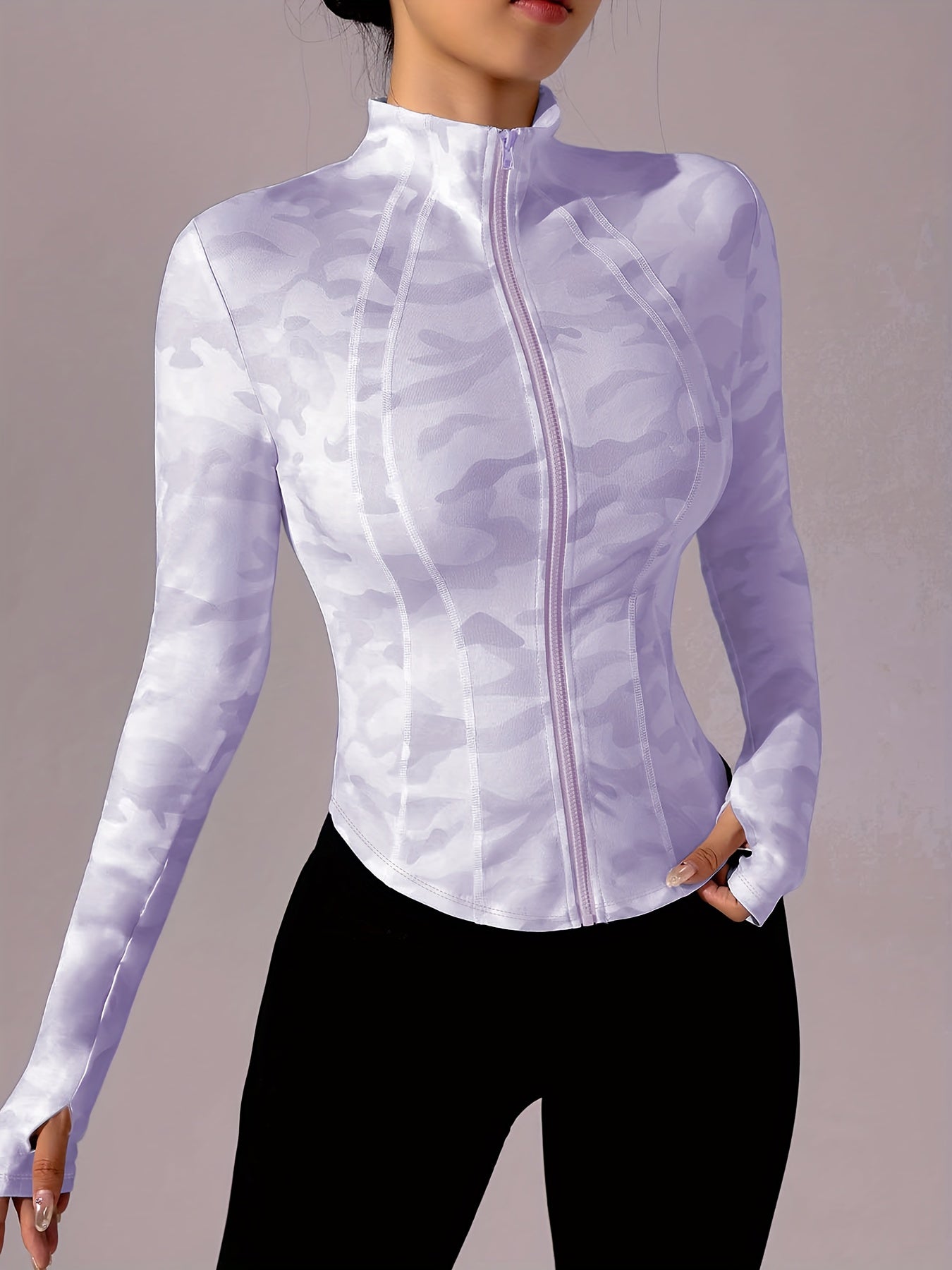 Zip-Up Stand Collar Sports Jacket, Half-Finger Long Sleeve Top with Camouflage Print, Suitable for Outdoor Fitness, Hiking, Golf, Tennis, Badminton, Bowling, Daily Walks and Shopping, Gym/Home Workout, Meditation, Versatile,