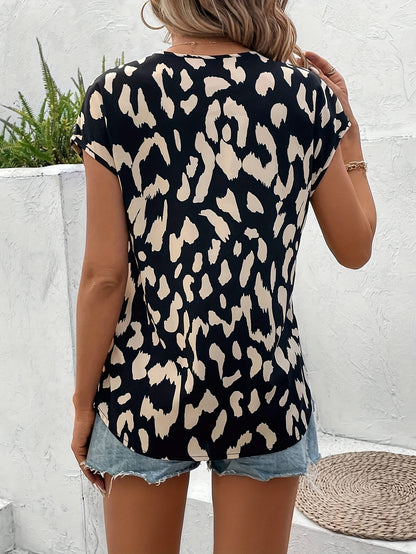 Leopard Print V-neck Blouse, Elegant Batwing Short Sleeve Blouse For Summer & Spring, Women's Clothing