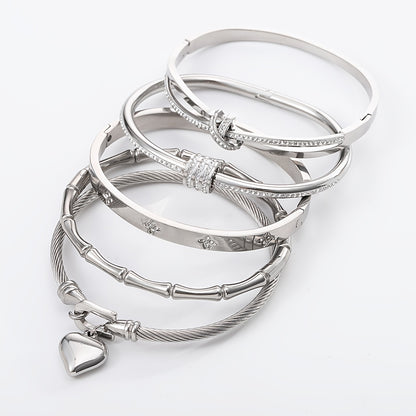 5pcs Classic Stainless Steel Cuff Bracelets, Waterproof and Rust-Resistant Silvery Women'S Light Luxury Rhinestone Bracelets, Suitable for Layering and Combination Matching, Unique Jewelry Accessories Gift