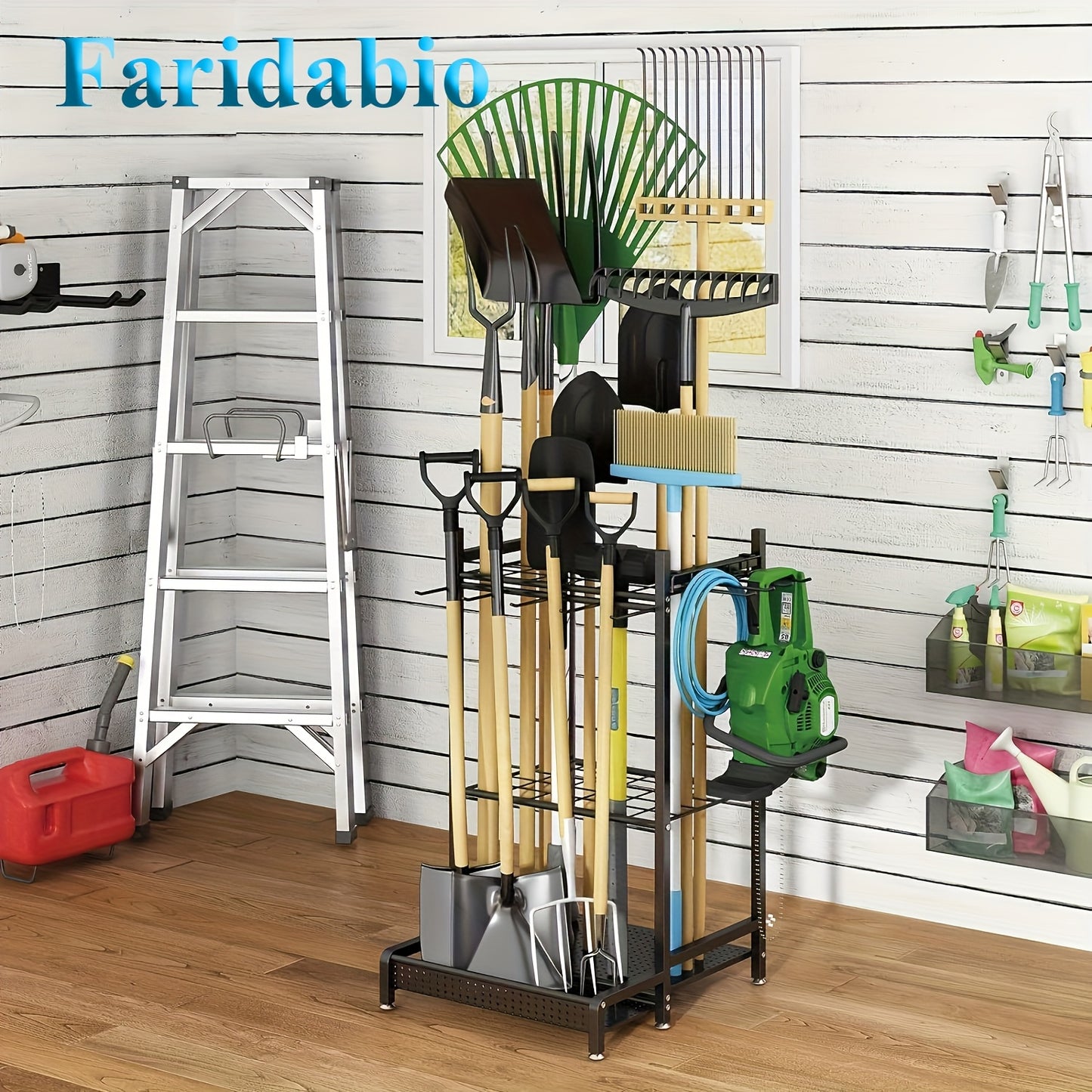 Faridabio Heavy-Duty Metal Garden Tool Organizer with Hooks - Multi-Tiered Utility Storage Rack for Long-Handled Tools, Broom, Shovel, Rake - Sturdy Outdoor Patio Storage Rack, Black (Assembly Required)