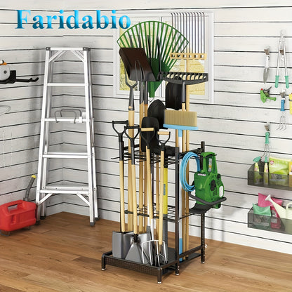 Faridabio Heavy-Duty Metal Garden Tool Organizer with Hooks - Multi-Tiered Utility Storage Rack for Long-Handled Tools, Broom, Shovel, Rake - Sturdy Outdoor Patio Storage Rack, Black (Assembly Required)