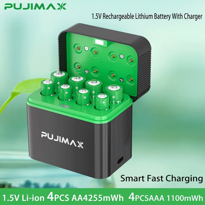PUJIMAX 8-Pack High-Capacity 4255mWh & 1100mWh AA+AAA Lithium with 8-Slot Fast Charger - Long-Lasting Power, Over-Voltage/Over-Current/Over-Heat/Over-Temperature/Over-Voltage Protection, Compatible with Smartphones, Laptops,