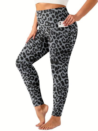 Women'S Plus Size High Waist Tummy Control Leggings with Side Pockets, 88% Polyester 12% Elastane, Knit Fabric, Stretchy Cropped Yoga Pants for Running & Fitness, All Season Solid Color Athletic Skinny Pants