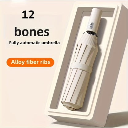 Large Automatic Folding Umbrella - Double Rib Design, Windproof &, 12 Ribs, Compact & Durable, Black with Orange Accents, Dual User Coverage, | Fashion Accessory | High-quality Fabric, Outdoor Umbrella