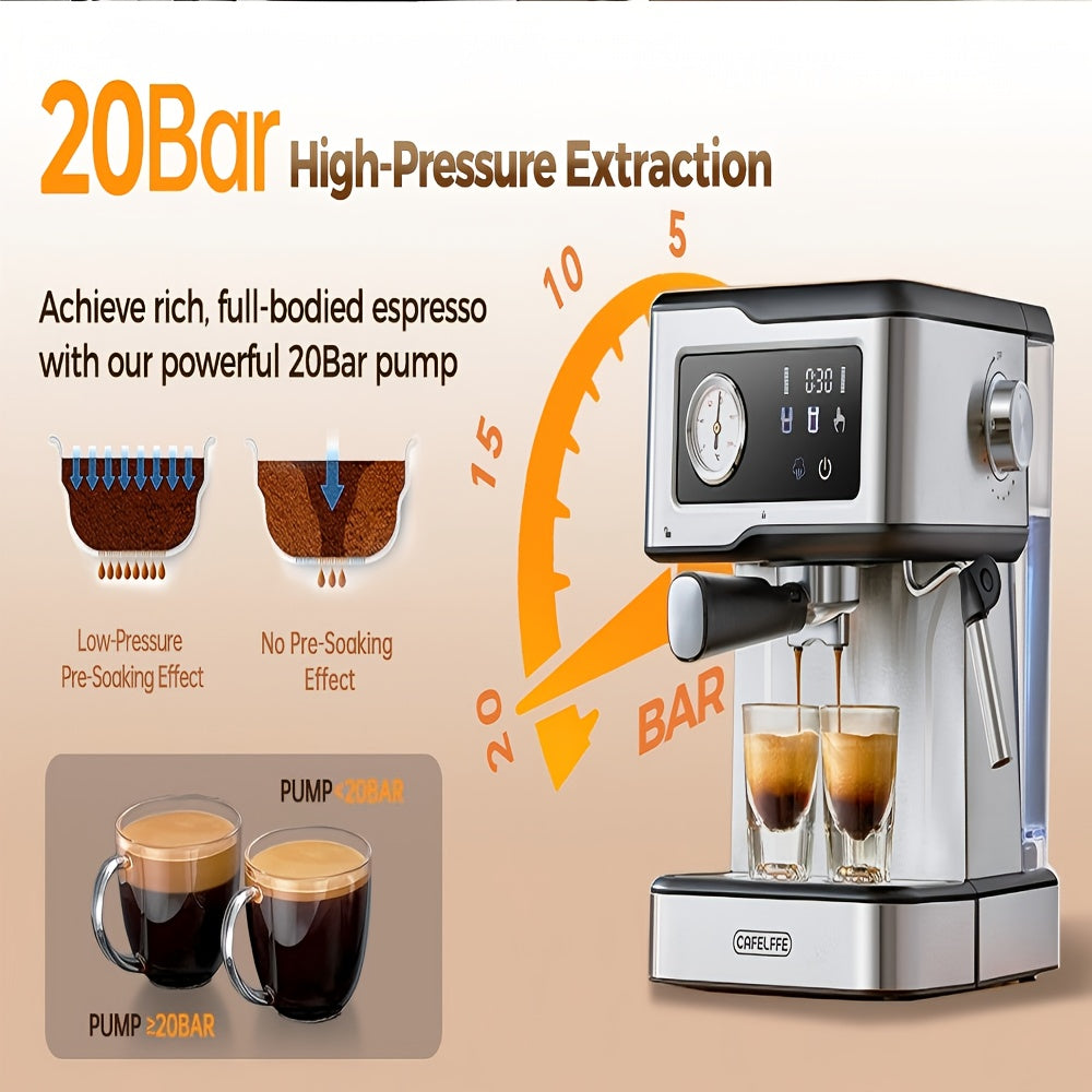 Máquina de café expresso CAFELFFE com vaporizador e espumador de leite, bomba de pressão de 20 bar, ecrã LCD sensível ao toque para o barista em casa ou para preparar latte e cappuccino.