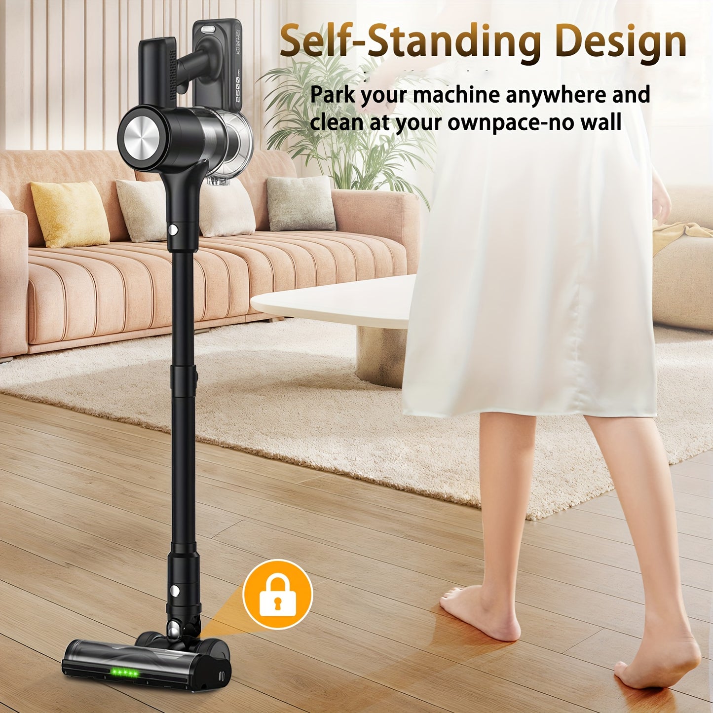Cordless Vacuum Cleaner, 45KPA Self-Standing Vacuum Cleaner for Home, Stick Vacuum with 60 Mins Runtime, Wall Mount Charging, LED Display, Upgraded Green Light & Anti-Tangle Floor Brush for Pet Hair, Carpet & Hard Floors