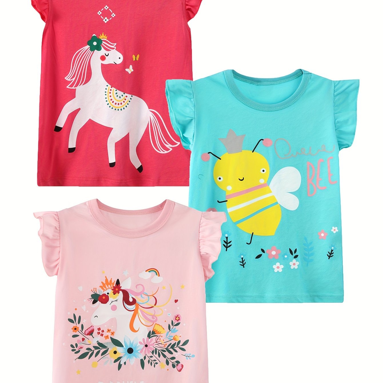 3pcs Comfy 100% Cotton Cartoon Animal Graphic Flutter Trim Sleeveless T-shirt Set Summer Clothes Gift For Girls