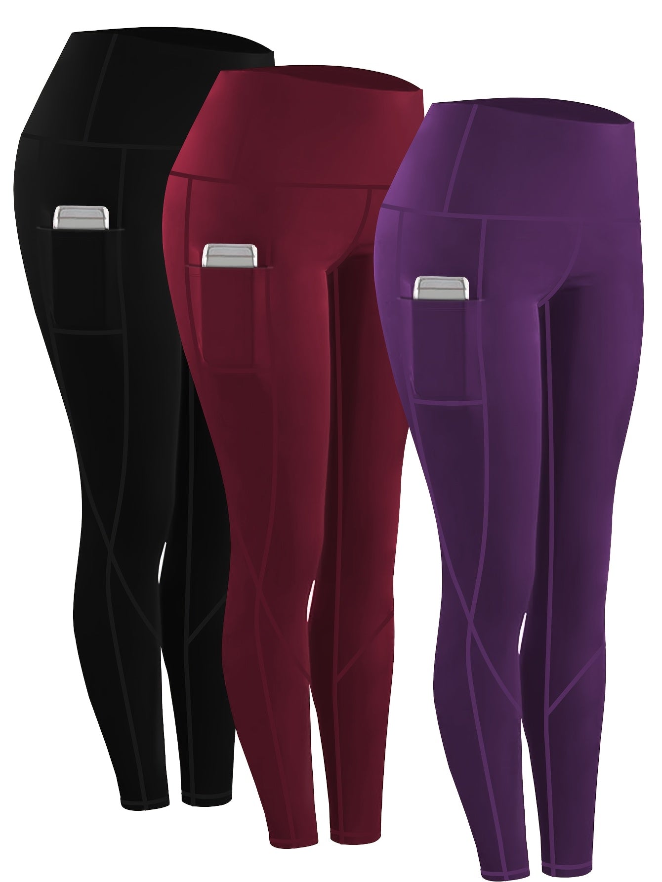 3pcs Set Women'S Plus Size Daily Sports Yoga Leggings, Geometric Pattern, High Stretch Spandex, Breathable, with Two Side Pockets, for Running, Workout