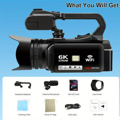 YISENCE 6K Camcorder Video Camera 64MP 18X Digital Zoom IR Night Vision Vlogging Camera for YouTube 10.16cm Touch Screen Digital Camera with WiFi, Microphone, Remote Control, Charger, Stabilizer and 64G SD Card