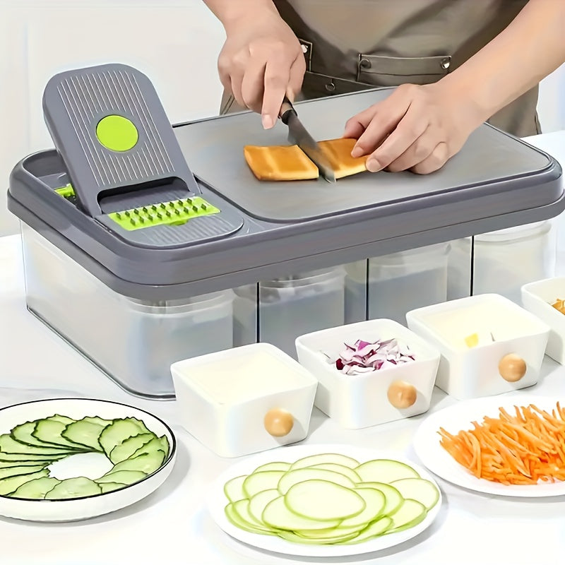 1pc Multifunctional Vegetable Chopping Box with Built-in Cutting Board and Various Blades, Stainless Steel Kitchen Slicer for Fine Slicing, Dicing, Strips, Egg Yolk Separation, Food Storage Container, Vegetable Cutter and Min
