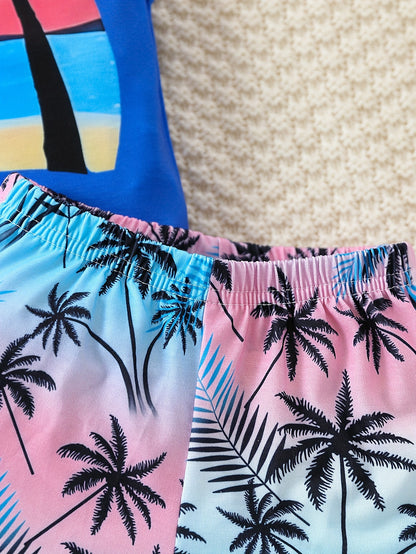 Boy's Coconut Trees Casual Outfit Round Neck Tank Top & Shorts Comfortable Breathable For Summer Kids Clothes Sets, Ideal For Daily & Outdoor Wear