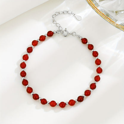 Pure Silvery Material Versatile Round Bead Red Agate Bracelet