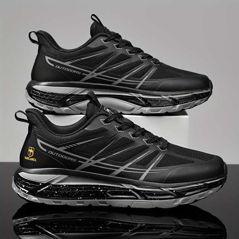 Men's All-Season Breathable Sneakers - Non-Slip Cushioned MD Sole, White/Gray/, Lace-Up Mid-Top Sneakers for Running, Gym, Hiking, Everyday - Extended Sizes Available, Outdoor Activities, Geometric Pattern, Secure Fit, Versat