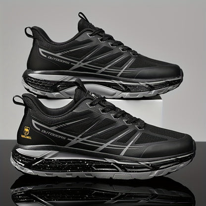 Men's All-Season Breathable Sneakers - Non-Slip Cushioned MD Sole, White/Gray/, Lace-Up Mid-Top Sneakers for Running, Gym, Hiking, Everyday - Extended Sizes Available, Outdoor Activities, Geometric Pattern, Secure Fit, Versat