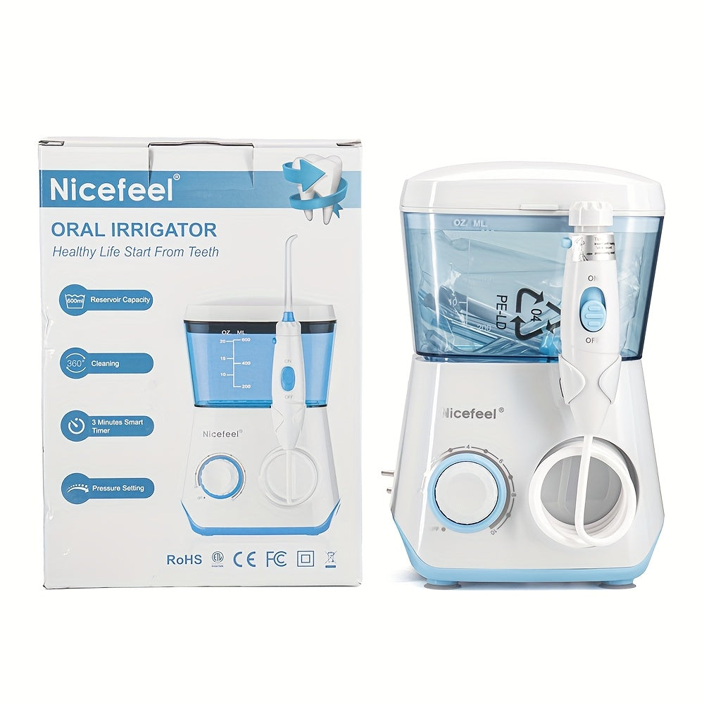 1pc Professional Electric Oral Irrigator with 10 Pressure Settings & 7 Interchangeable Tips - 600ml Water Flosser for Deep Cleaning Braces, Teeth, and Hard-to-Reach Areas - White & Blue Design for Home Use, Dental Irrigator