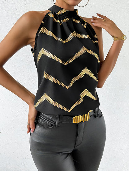 Graphic Print Tie Neck Blouse, Elegant Sleeveless Blouse For Spring & Summer, Women's Clothing