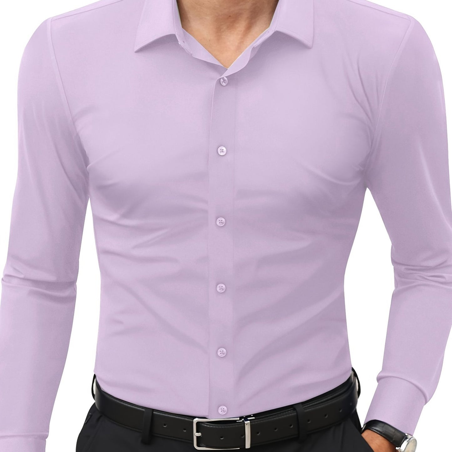 Men'S Slim Fit Long Sleeve Shirt - 55% Cotton, 40% Polyester, 5% Spandex, Solid Color, All-Season, Woven Fabric, Button-Up, Lapel Collar, Casual Weekend Wear, 125g/m²