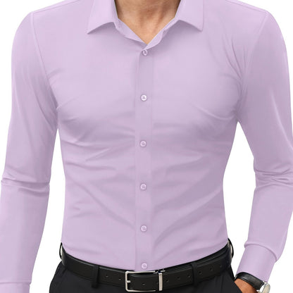 Men'S Slim Fit Long Sleeve Shirt - 55% Cotton, 40% Polyester, 5% Spandex, Solid Color, All-Season, Woven Fabric, Button-Up, Lapel Collar, Casual Weekend Wear, 125g/m²
