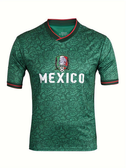 Mexico Men's Letter Print Breathable Football Jersey, Active Slightly Stretch Crew Neck Short Sleeve Soccer Club Uniform Shirt For Training Competition