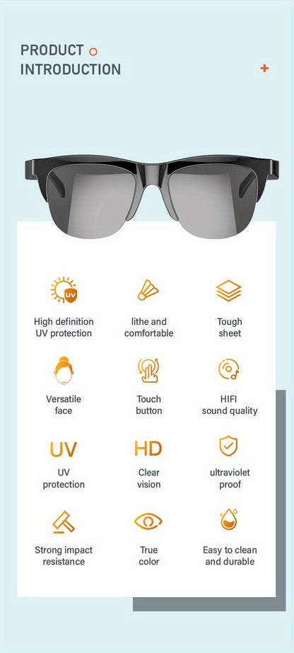 Smart Wireless 5.0 Sunglasses Multifunctional Glasses Wireless Call Play Music Outdoor Sports Headphones Rechargeable HIFI Sound Quality HD Lens Headphones Black Technology Unisex Touch Long Battery Life Anti-UV Lens