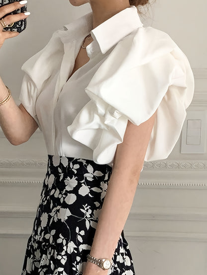 Solid Puff Sleeve Blouse, Elegant Lapel Collar Short Sleeve Blouse, Women's Clothing