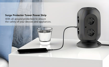 12-way power strip with 4 USB, multi-socket tower, 1.8m extension cable, power strip with double for Switch, desktop socket tower surge protection for garden, office, kitchen