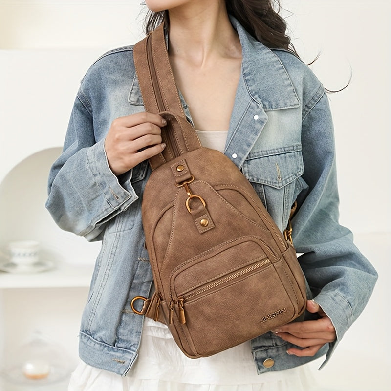 Mochila de mulher castanha estilo vintage elegante - Alça ajustável, fecho de correr, múltiplos compartimentos, bolsa elegante para usar ao ombro ou a tiracolo, bolsa casual para o dia a dia | Bolsa estilo vintage elegante | Fecho em zíper resistente