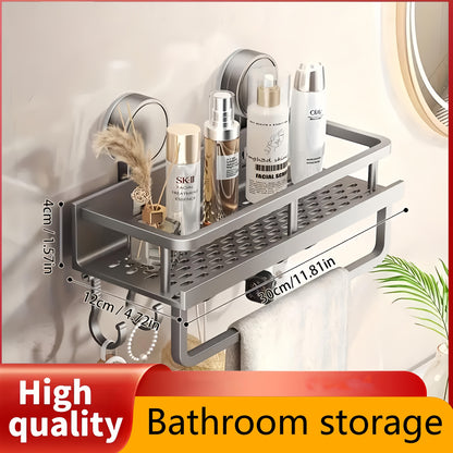 1pc Rustproof Wall Mount Shower Caddy with Suction Cups - Heavy-Duty Polished Finish Floating Shelf with Towel Hooks, Space-Saving Bathroom Organizer for Shampoo, Soap, and Accessories, Bathroom Organizers And Storage, Bathro