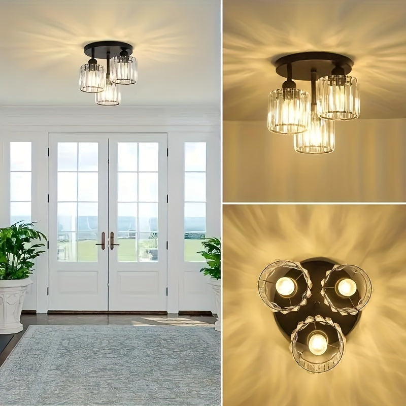 Modern 3-Light Semi-Flush Mount Crystal Chandelier - Metal Ceiling Light Fixture with Glass Shades for Dining Room, Foyer, Hallway, Kitchen Island, Office - E27 Bulb Base, Hardwired (Bulbs Not Included)