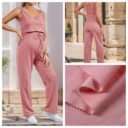 2pcs Pregnant Women's Casual Set, Comfy Sleeveless Shirt & High Waist Tummy Support Drawstring Maternity Pants For Outdoor