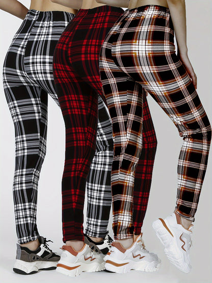 3 Packs Women'S Soft & Stretchy Tight Leggings - Black, White, and Red Plaid Patterns, High Waist, Elastic Waistband, Crop Length, Perfect for Fitness, and Casual Weekend Wear, Casual Wear Leggings|Plaid Pattern Leggings|Stre