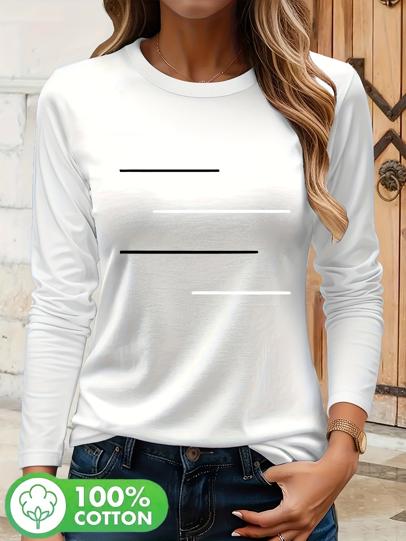 Simple Black and White Parallel Stripe Pattern Print T-Shirt, Suitable for Family Travel, Vacation, Casual, Parent- Matching Tee 9734