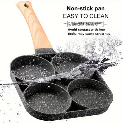 4-Hole Non-Stick Frying Pan with Wooden Handle - Maifanstone Coating, Induction Compatible, Durable Cookware for Eggs, Pancakes, and More, Modern Kitchen Cookware | Ideal Gift For Holidays, Christmas, Halloween, Frying Pan Fo