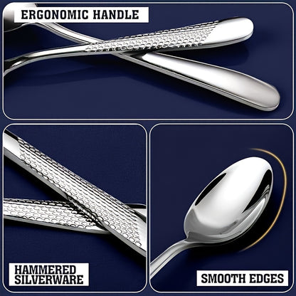 20/40pcs silverware cutlery set, hammer textured handle, durable cutlery including spoons, forks, knives, mirror polished high-quality stainless steel, dishwasher safe, suitable for home kitchens, restaurants, hotels, parties