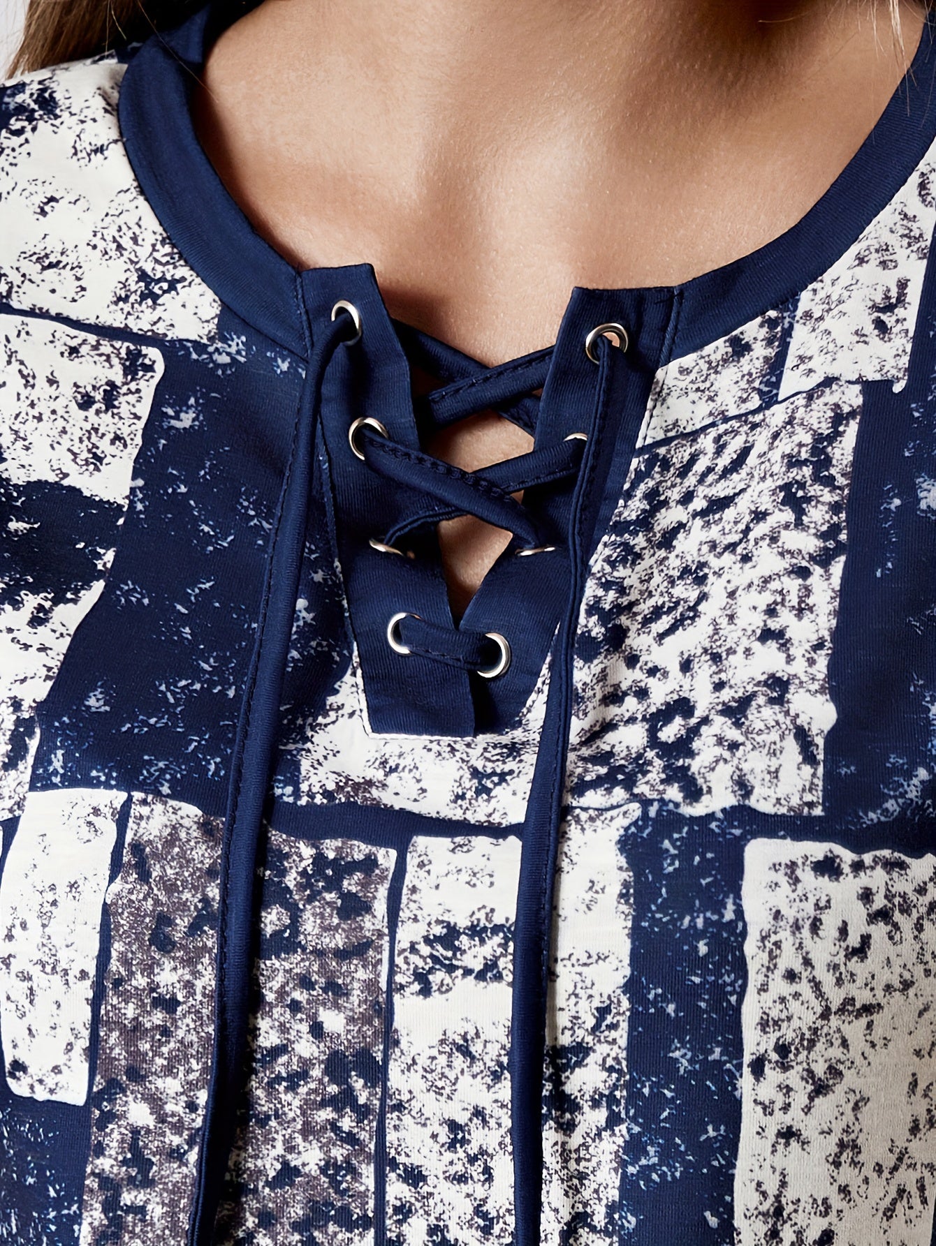 Graphic Print Lace Up V Neck T-shirt, Summer Casual Short Sleeve Top, Women's Clothing