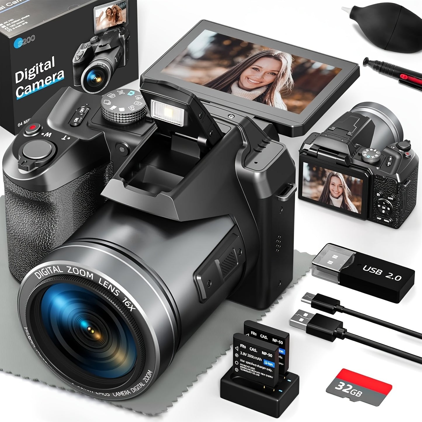 NBD 5K&64MP Digital Cameras for Photography, 16X Optical Zoom Camera with WiFi & App Control, Vlogging Camera with 180°Flipable 3-inch Screen, 2 Batteries, Camera Strap&32GB Card, Lightweight Camera, Wifi Camera, Camera For