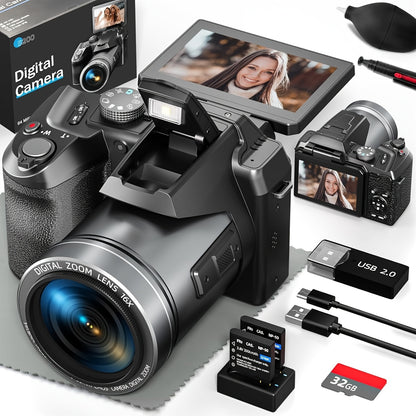 NBD 5K&64MP Digital Cameras for Photography, 16X Optical Zoom Camera with WiFi & App Control, Vlogging Camera with 180°Flipable 3-inch Screen, 2 Batteries, Camera Strap&32GB Card, Lightweight Camera, Wifi Camera, Camera For