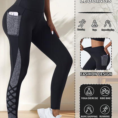 Women's High-Waisted Yoga Pants - Non-See-Through Workout Leggings with Side Pocket, Stretchy Gym Running Pants for Pilates, Cycling, Everyday - Machine Washable Athletic Bottoms (Black/Blue)