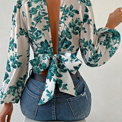Floral Print Tie Back Crop Blouse, Elegant Lantern Sleeve Cut Out Blouse For Spring & Fall, Women's Clothing